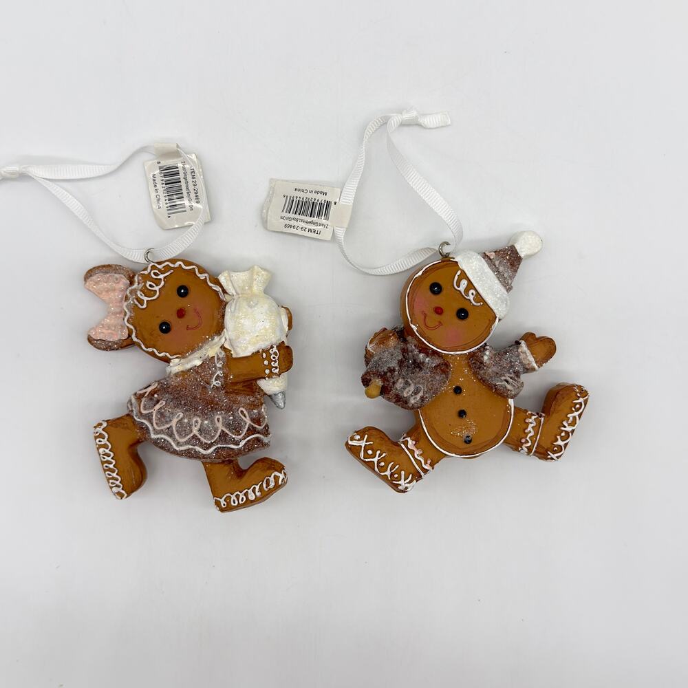 Set of 2 Gingerbread Boy Girl Cookie Ornaments Mrs Claus Bakery Icing FLAWED